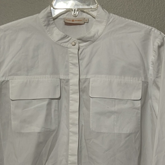 TORY BURCH WOMEN'S ALLISON POPLIN WHITE BUTTON DOWN TOP - Picture 2 of 15